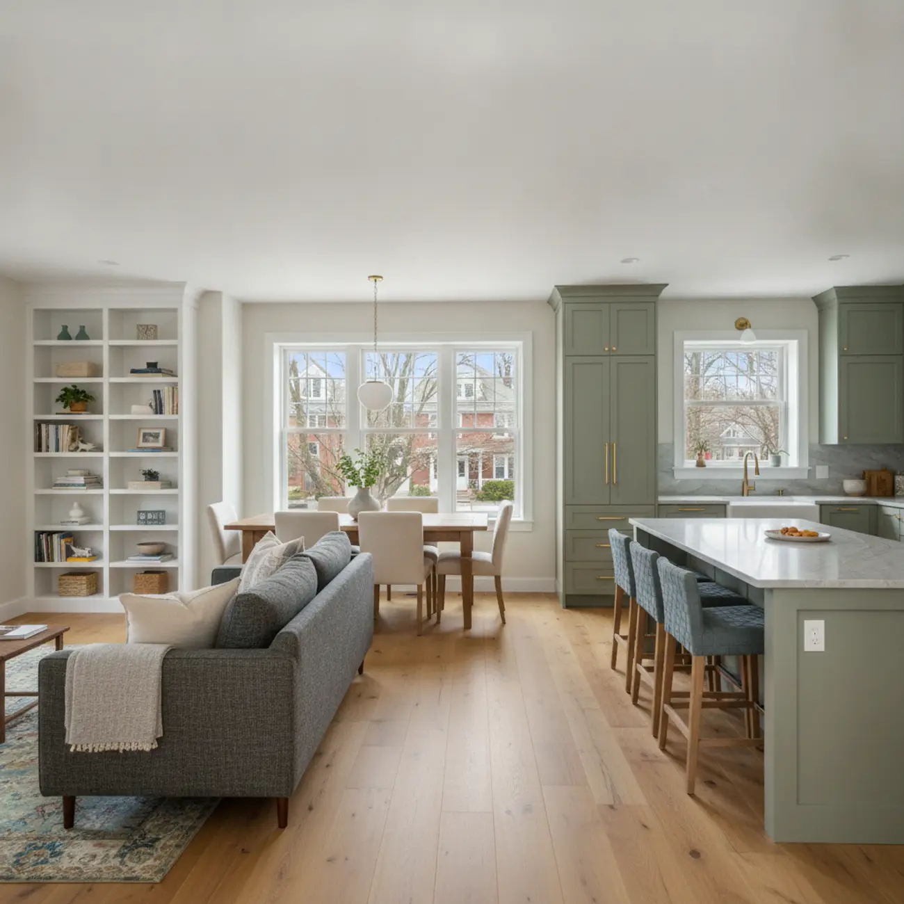 Finished, well lit living space remodeled by Mass Services in Greater Boston