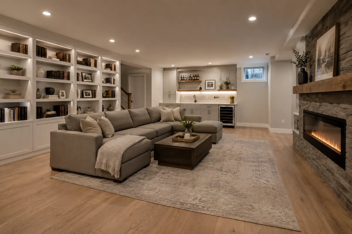 Finished basement living space with modern finishes