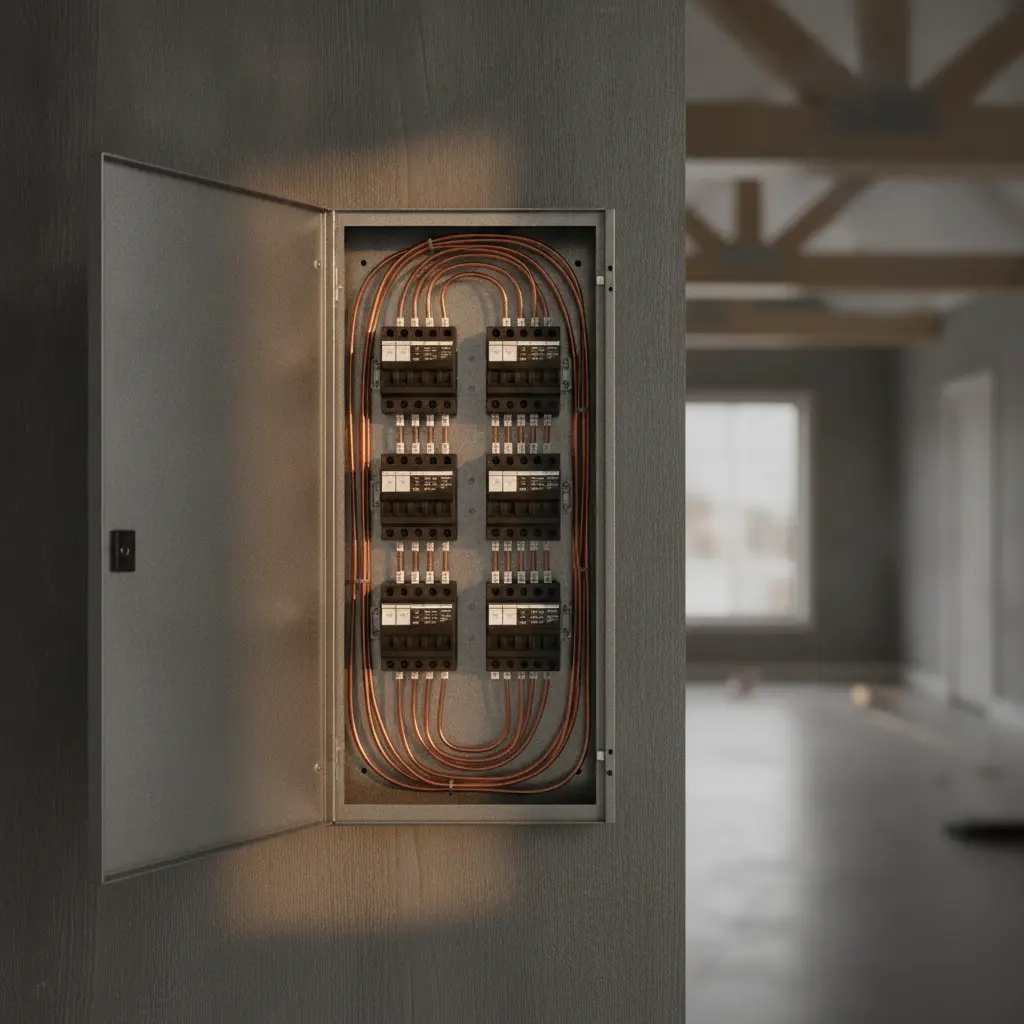 Level 2 electric vehicle charger mounted in a home garage next to an electrical panel